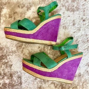 Emerald Green Bright Purple Strappy Suede Burlap Wedges Wedge Heels Express Sz 8